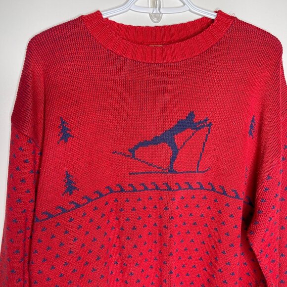 Vintage 80s Winona Knits Skiing Sweater XL Red Made in USA Preppy Crew Neck - Picture 4 of 5